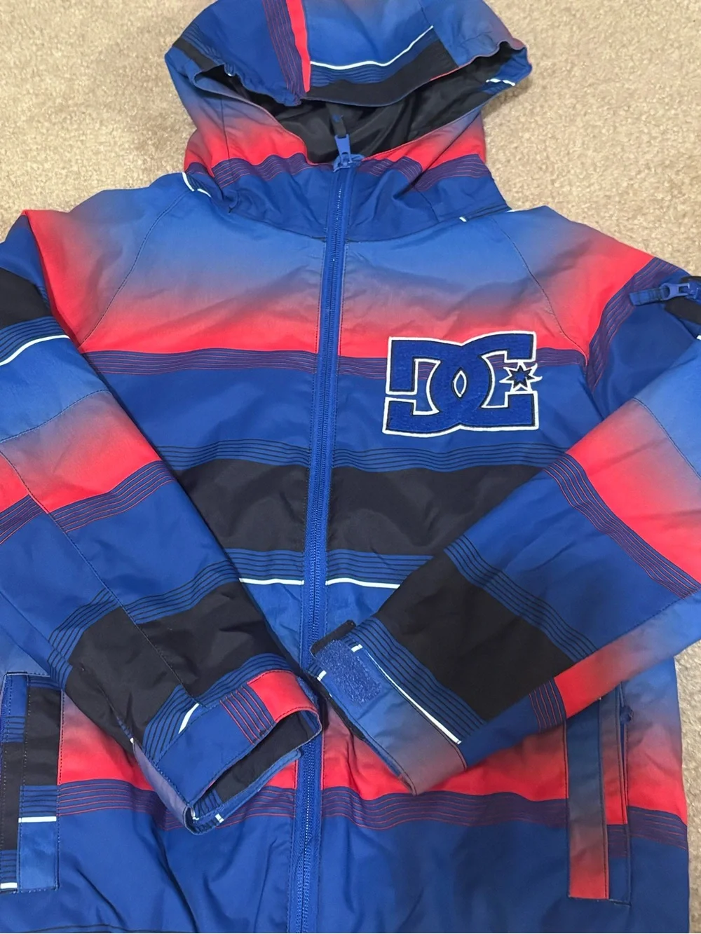 DC Hooded Puffer Jacket in Blue, Red & Black